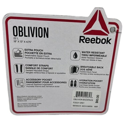 Reebok Oblivion Foggy Grey Backpack 18 x 13 x 4.75 Inch New Tags - Picture 3 of 4